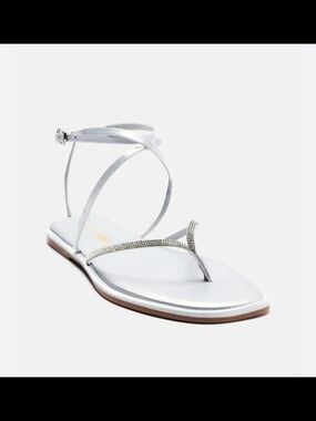 Fashion Nova Silver Rhinestone T-Strap Ankle Wrap Sandal